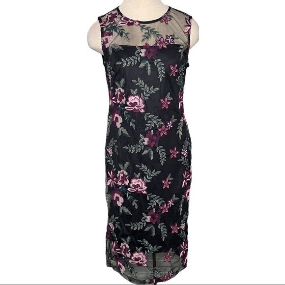 Calvin Klein Embroidered Sheath Dress Size 4 Black Floral Sleeveless Illusion - Picture 1 of 8
